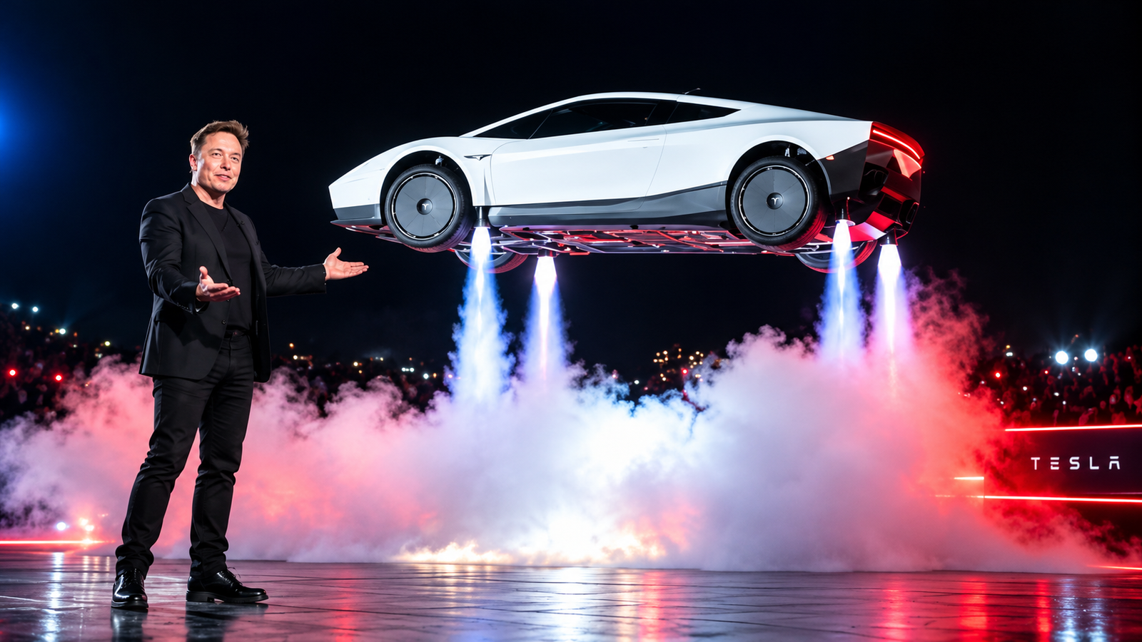 Elon Musk presenting a white Tesla Roadster hovering above a stage during a vehicle reveal